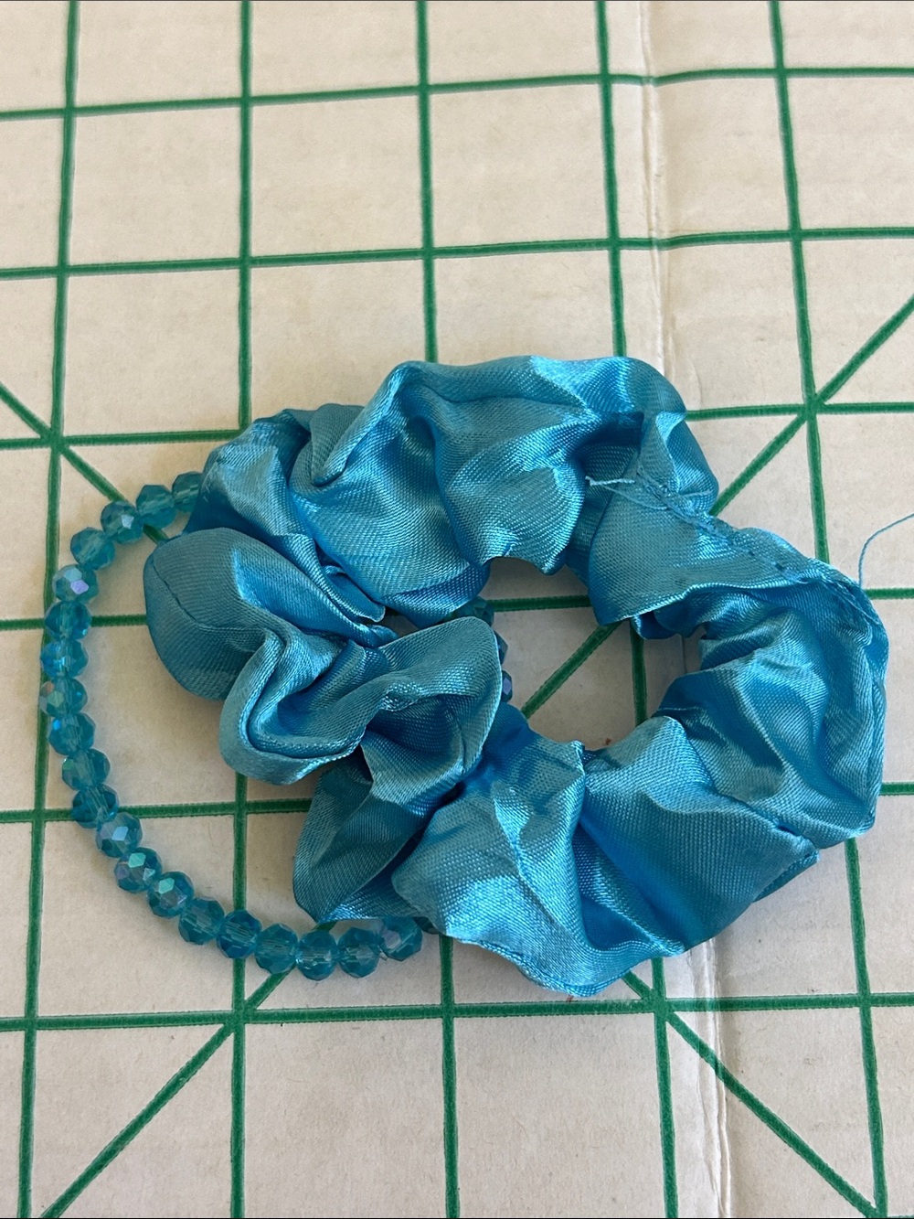 Blue Satin Scrunchie with Beaded Bracelet